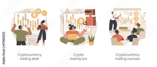Digital tokens abstract concept vector illustration set. Cryptocurrency trading desk, crypto trading bot, trading courses, bitcoin futures, financial technology, blockchain ICO abstract metaphor.