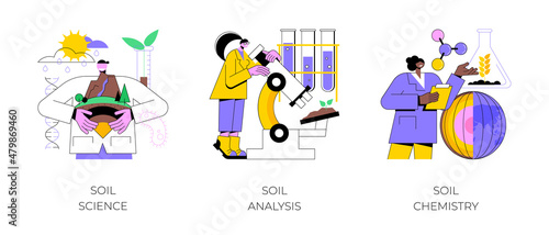Soil properties abstract concept vector illustration set. Soil science, agricultural analysis and chemical laboratory service, land management, natural resource study and testing abstract metaphor.