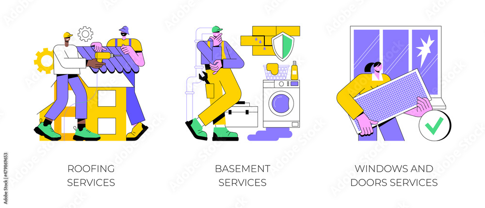 Fototapeta premium House maintenance abstract concept vector illustration set. Roofing and basement services, windows and doors replacement and installation, broken glass, fly screen, hire contractor abstract metaphor.
