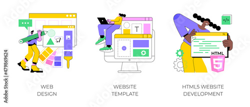 Website building service abstract concept vector illustration set. Web design, website template, HTML5 development, landing page, interface, user experience, constructor platform abstract metaphor.