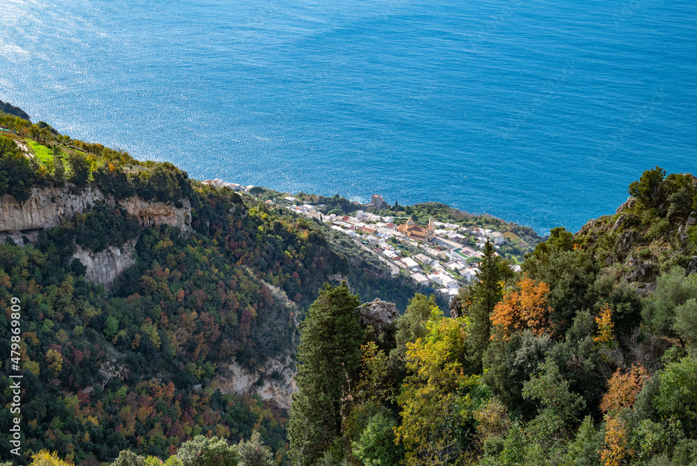 The Italian village of Praiano, seen from above, from the Path of the Gods (Sentiero degli Dei