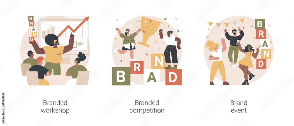 Marketing promo abstract concept vector illustration set. Branded workshop and competition, event management, product placement, digital advertising, rebranding media campaign abstract metaphor. Marketing promo abstract concept vector illustration set. Branded workshop and competition, event management, product placement, digital advertising, rebranding media campaign abstract metaphor.