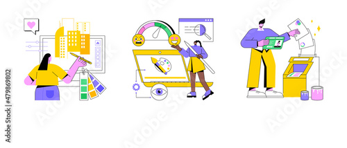 Design services abstract concept vector illustration set. Graphic and print design, emotional engagement, landing web page, freelance illustrator, user experience, business card abstract metaphor.