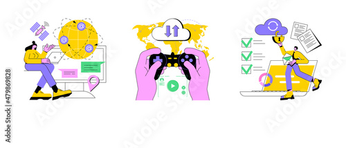 Global web connection abstract concept vector illustration set. Cloud gaming and security, cyber security engineering, network communication, internet, video streaming online abstract metaphor.