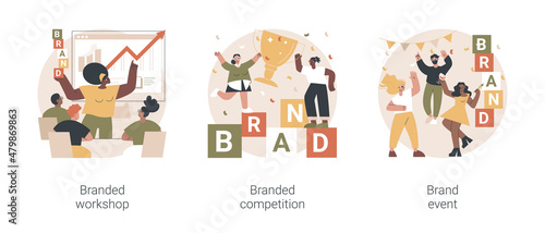 Marketing promo abstract concept vector illustration set. Branded workshop and competition, event management, product placement, digital advertising, rebranding media campaign abstract metaphor.