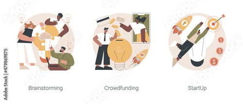 Business venture abstract concept vector illustration set. Brainstorming and teamwork, crowdfunding and crowdsourcing project, startup launch, fundraising platform, collaboration abstract metaphor.