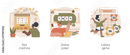 Gambling club abstract concept vector illustration set. Slot machine, online poker, lottery game, online casino, TV show, jackpot win, download application, lucky raffle ticket abstract metaphor.