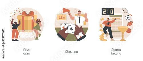 Online gambling abstract concept vector illustration set. Prize draw, cheating, sports betting, big prize winner, computer games, mobile app, promotional marketing, casino abstract metaphor.