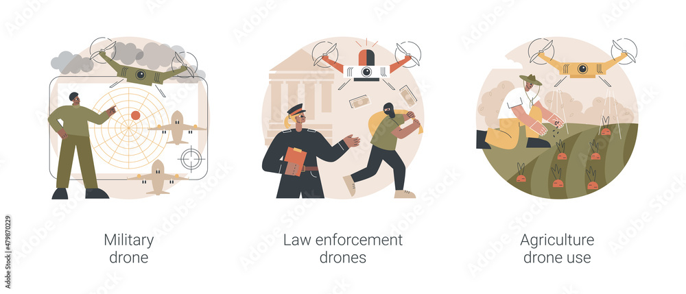Aircraft technology abstract concept vector illustration set. Military drone, law enforcement surveillance, technology in agriculture, smart city, crops spraying, remote pilot abstract metaphor. Aircraft technology abstract concept vector illustration set. Military drone, law enforcement surveillance, technology in agriculture, smart city, crops spraying, remote pilot abstract metaphor.