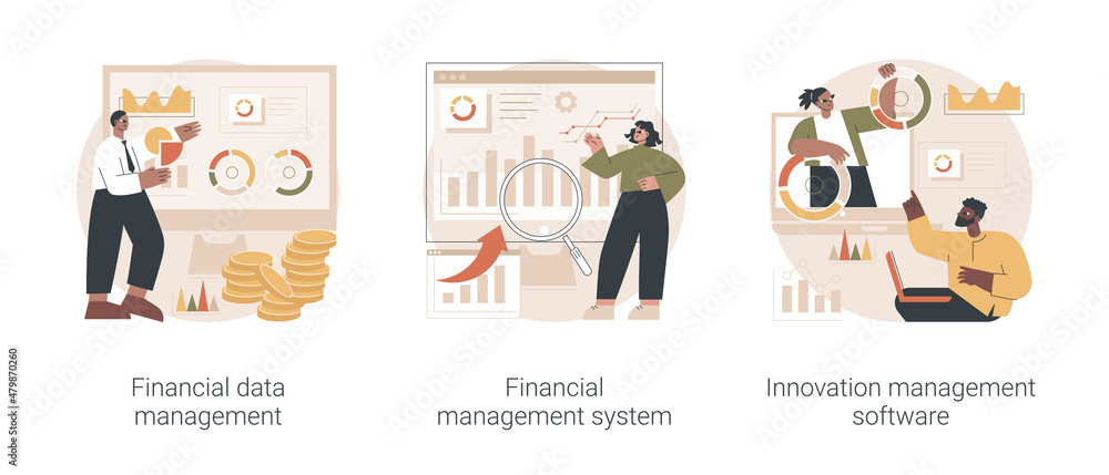 Business development abstract concept vector illustration set. Financial data management, innovation collaboration software, corporate budget planning, data report, risk management abstract metaphor. Business development abstract concept vector illustration set. Financial data management, innovation collaboration software, corporate budget planning, data report, risk management abstract metaphor.
