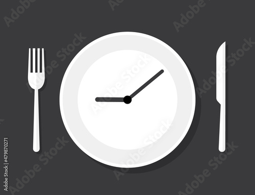 Cook time logo badge, eat plate clock time for food. Dish watch empty icon