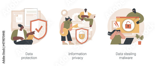 Digital security abstract concept vector illustration set. Data protection, information privacy, data stealing malware, hacker attack, cyber crime, access policy, confidentiality abstract metaphor.