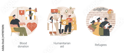 Humanitarian help abstract concept vector illustration set. Blood donation, humanitarian aid, refugees, transfusion center, crossing border, asylum seeker, immigration camp abstract metaphor.