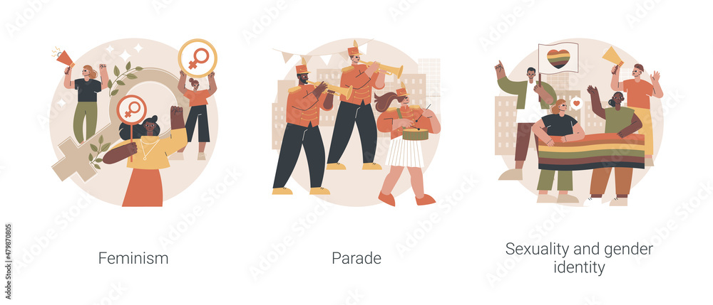 Fototapeta premium Human rights abstract concept vector illustration set. Feminism, parade and peaceful march, mass event, sexuality and gender identity, girl power, equal rights, LGBT movement abstract metaphor.