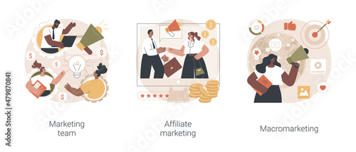 Global marketing strategy abstract concept vector illustration set. Marketing team, target affiliate program, macromarketing, internet promotion campaign, consumer behavior abstract metaphor.