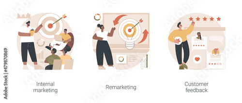 Company strategy and promotion abstract concept vector illustration set. Internal marketing, remarketing and customer feedback, employee engagement, targeted online advertising abstract metaphor.