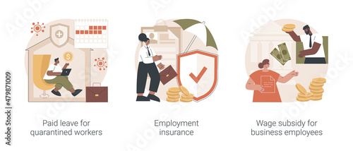 Governmental support for quarantined worker abstract concept vector illustration set. Paid leave, employment insurance, wage subsidy for business employee, sickness benefits support abstract metaphor.