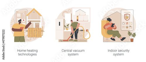 Home technologies abstract concept vector illustration set. Home heating, central vacuum system, indoor security, smart house appliance automation, mobile application, household abstract metaphor.