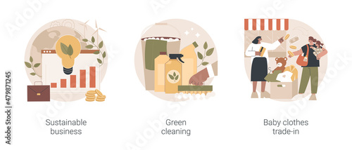 Environmentally friendly business abstract concept vector illustration set. Sustainable business, green cleaning, baby clothes trade-in, second hand, eco service, save ecosystem abstract metaphor.