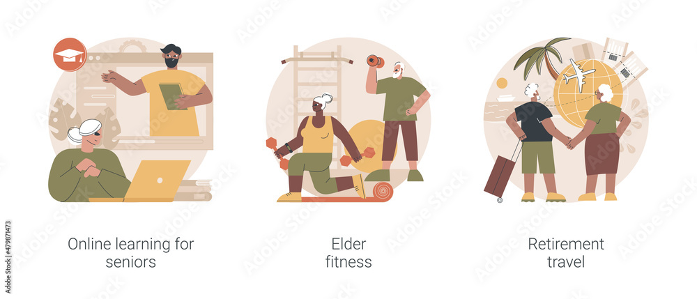 Fototapeta premium Elderly people lifestyle abstract concept vector illustration set. Online learning for seniors, elder fitness, retirement travel, fitness program, pension traveling expenses abstract metaphor.