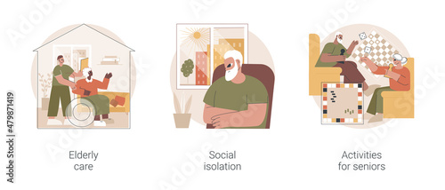 Older generation lifestyle abstract concept vector illustration set. Elderly care, social isolation, activities for seniors, home nursing medical care, retiree companion, assistance abstract metaphor.