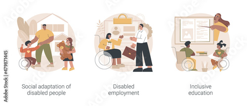 Social environment abstract concept vector illustration set. Social adaptation of disabled people, employment and inclusive education, children with special needs, disability job abstract metaphor.