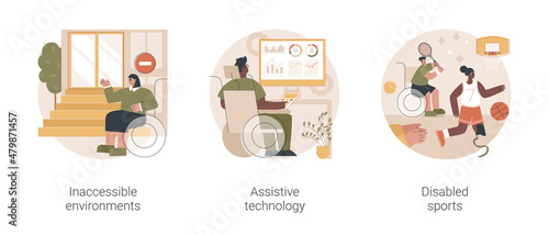 Disabled people in social environment abstract concept vector illustration set. Inaccessible environments, assistive technology, disabled sports, public place access, parasport abstract metaphor.