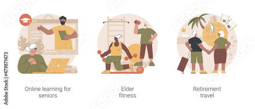 Elderly people lifestyle abstract concept vector illustration set. Online learning for seniors, elder fitness, retirement travel, fitness program, pension traveling expenses abstract metaphor.