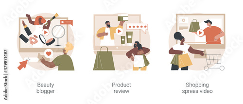 Social media video content abstract concept vector illustration set. Beauty blogger, product review, shopping sprees video, fashion lifestyle channel, personal vlog, product rating abstract metaphor.