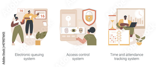 Digital tracking systems abstract concept vector illustration set. Electronic queuing system, access control system, time and attendance tracking, monitoring software, fingerprint abstract metaphor.