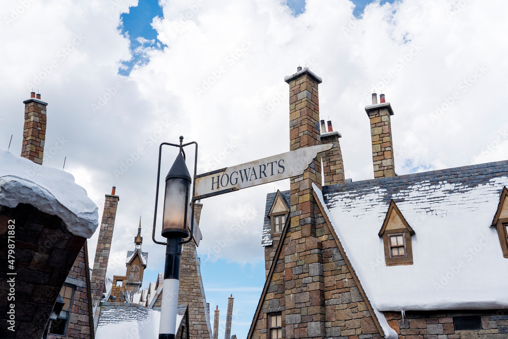 Obraz premium Orlando, USA – July 17, 2021: The Hogsmeade at The Wizarding World Of Harry Potter in Adventure Island of Universal Studios Orlando. Universal Studios Orlando is a theme park in Orlando, Florida, USA.