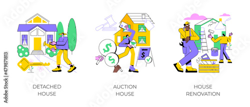 Buy family home abstract concept vector illustration set. Detached and auction house, house renovation, residential and commercial property remodeling, house listing, design project abstract metaphor. © Vector Juice