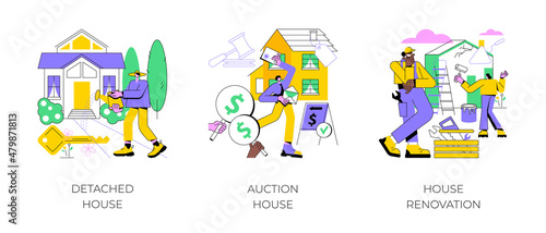 Buy family home abstract concept vector illustration set. Detached and auction house, house renovation, residential and commercial property remodeling, house listing, design project abstract metaphor.