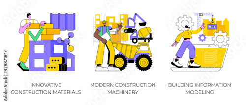 Construction technology innovation abstract concept vector illustration set. Innovative construction materials, modern machinery, building information modeling, project management abstract metaphor.