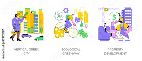 Architecture innovation abstract concept vector illustration set. Vertical green city, ecological greenway, property development, cost-effective construction, landscape planning abstract metaphor.