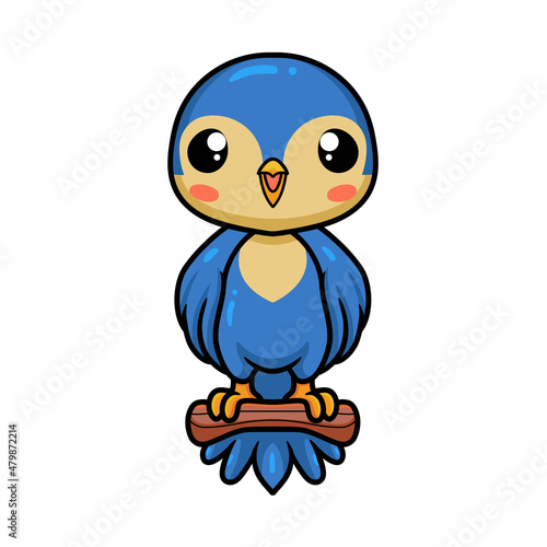 Cute little blue bird cartoon on tree branch