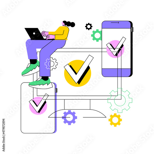 Cross-platform development abstract concept vector illustration. Cross-platform operating systems, compatible software environments, mobile app user experience, code writing abstract metaphor.