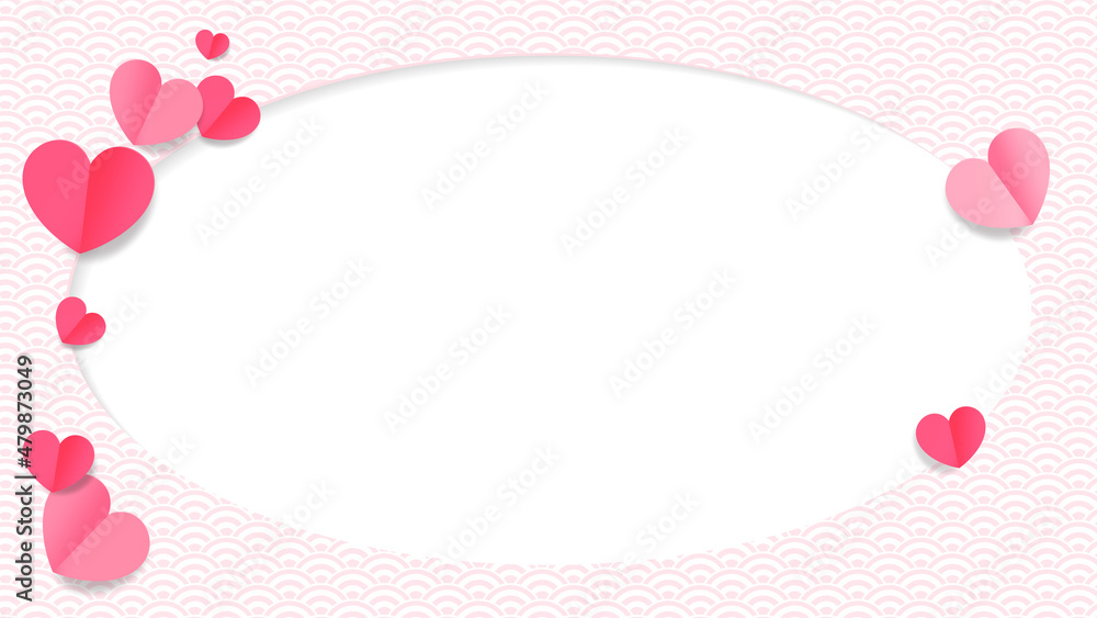 Paper cut valentine's day card with oval frame. Pink background with hearts. Stock vector illustration.