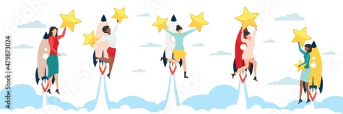Customer testimonials, testimonials, online survey concept. A group of people evaluates the quality of customer service, writes reviews, leaves reviews. People on rockets in the sky. Vector.