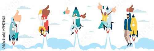 Customer testimonials, testimonials, online survey concept. A group of people evaluates the quality of customer service, writes reviews, leaves reviews. People on rockets in the sky. Customer. Vector.
