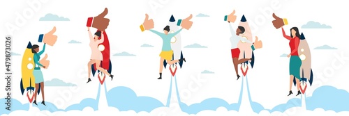 Customer testimonials, testimonials, online survey concept. A group of people evaluates the quality of customer service, writes reviews, leaves reviews. People on rockets in the sky. Vector.