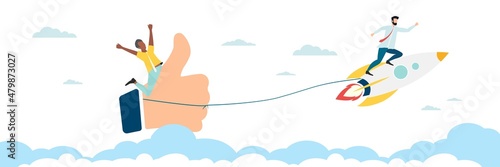 Customer testimonials, testimonials, online survey concept. A group of people evaluates the quality of customer service, writes reviews, leaves reviews. People on rockets in the sky. Customer. Vector.