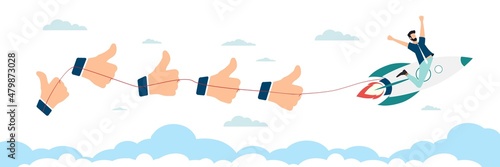 Customer testimonials, testimonials, online survey concept. A group of people evaluates the quality of customer service, writes reviews, leaves reviews. People on rockets in the sky. Vector.