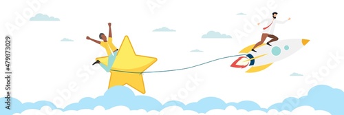 Customer testimonials, testimonials, online survey concept. A group of people evaluates the quality of customer service, writes reviews, leaves reviews. People on rockets in the sky. Customer. Vector.