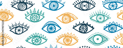 Hand drawn open eyes colorful repeatable pattern.