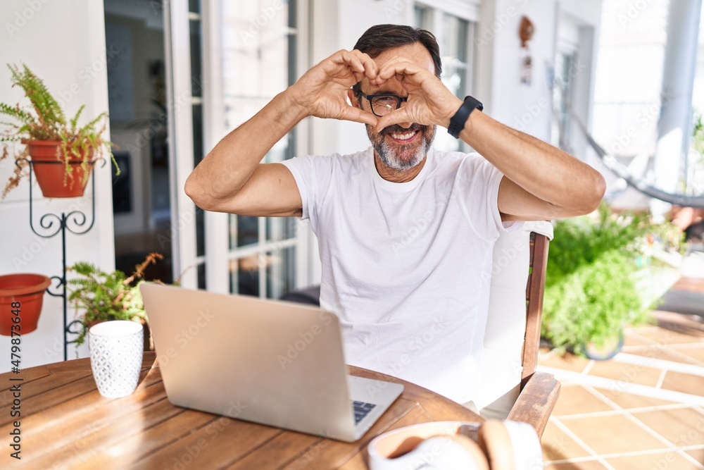 Middle age man using computer laptop at home doing heart shape with hand and fingers smiling looking through sign Middle age man using computer laptop at home doing heart shape with hand and fingers smiling looking through sign
