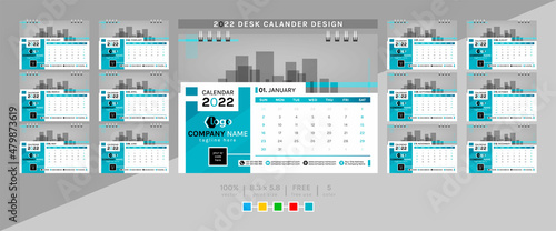 Desk calendar and planner diary template for the year 2022. This creative elegant calendar is a must for your home and office. 2 theme colorwork, black, and others. The 12-page week begins on Sunday. photo