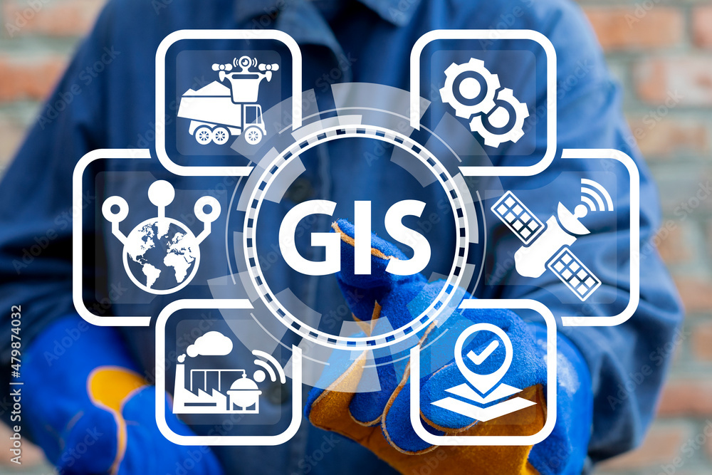 Geographic Information System GIS Modern Industry 4.0 Smart Geography Topography Cartography Data Transportation Tracking Concept. - obrazy, fototapety, plakaty 