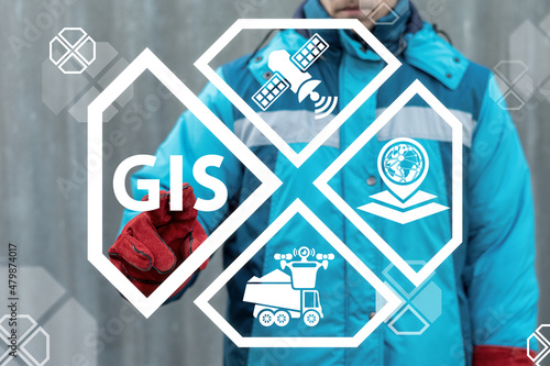 GIS Geographic Information System Modern Industry 4.0 Concept. Smart Geography Topography Cartography Data Industrial Transportation Tracking.