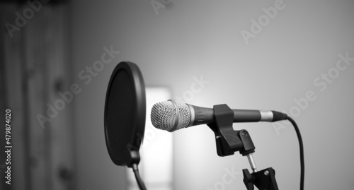 Professional microphone with pop filter for voice recording © Hennadii